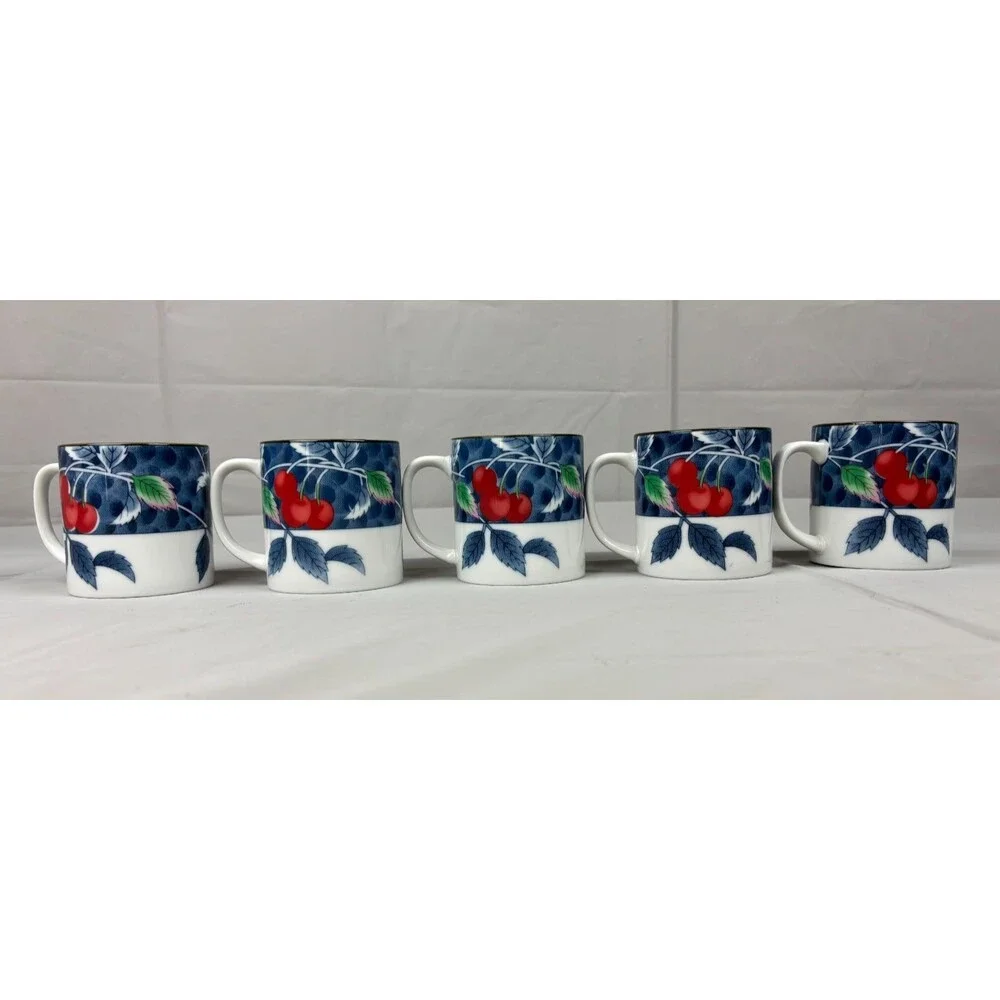Williams Sonoma Cup & Saucer (set of 5) Red Cherries, White, Blue, WSO22
